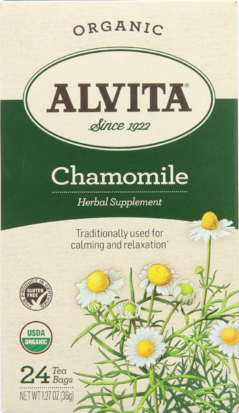 ALVITA: Organic Chamomile Tea Caffeine Free, Gluten Free, Herbal Supplement, 24 Tea Bags