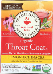 TRADITIONAL MEDICINALS: Organic Throat Coat Lemon Echinacea Herbal Tea 16 Tea Bags, 1.13 oz