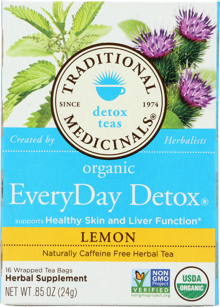 TRADITIONAL MEDICINALS: Organic Everyday Detox Lemon Caffeine Free Herbal Tea 16 Tea Bags, 0.85 oz