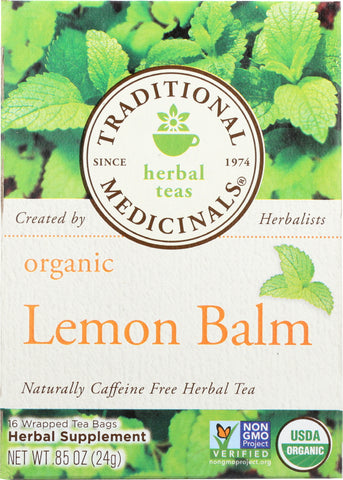 TRADITIONAL MEDICINALS: Organic Lemon Balm Caffeine Free Herbal Tea 16 Tea Bags, 0.85 oz