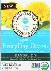 TRADITIONAL MEDICINALS: Organic Everyday Detox Dandelion Herbal Tea 16 Tea Bags, 0.85 oz