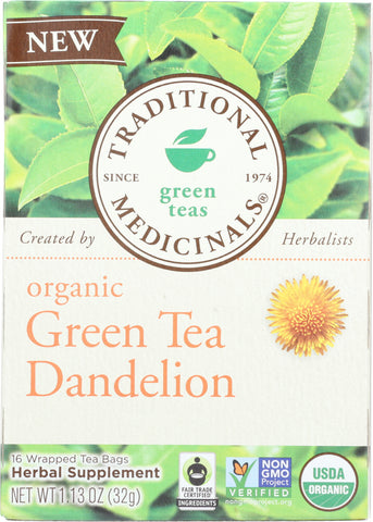 TRADITIONAL MEDICINALS: Organic Green Tea Dandelion 16 Tea Bags, 1.13 oz