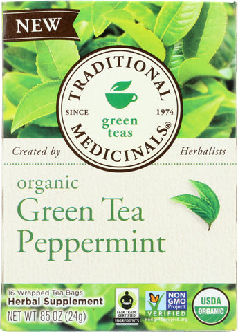 TRADITIONAL MEDICINALS: Organic Green Tea Peppermint 16 Tea Bags, 0.85 oz