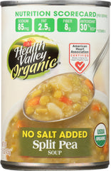 HEALTH VALLEY: Organic Split Pea Soup No Salt Added, 15 Oz