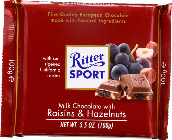 RITTER SPORT: Milk Chocolate with Raisins & Hazelnuts Bar, 3.5 oz