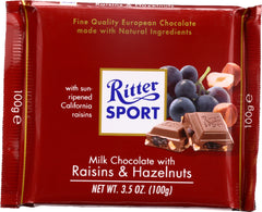 RITTER SPORT: Milk Chocolate with Raisins & Hazelnuts Bar, 3.5 oz