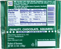 RITTER SPORT: Milk Chocolate with Whole Almonds, 3.5 oz