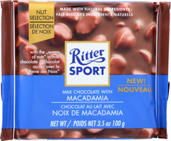 RITTER SPORT: Milk Chocolate w/ Macadamia Choco Bar, 3.5 oz