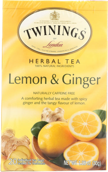 TWININGS OF LONDON: Herbal Lemon & Ginger Naturally Caffeine Free, 20 Tea Bags, 1.06 oz