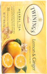 TWININGS OF LONDON: Herbal Lemon & Ginger Naturally Caffeine Free, 20 Tea Bags, 1.06 oz