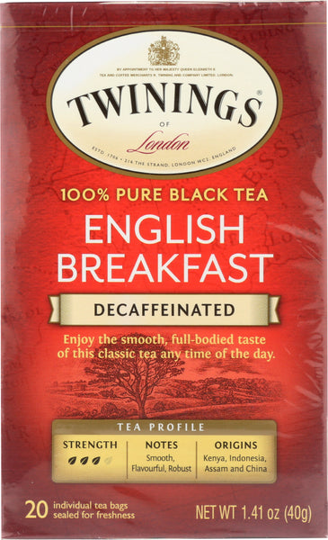 TWININGS OF LONDON: Classics English Breakfast Tea Naturally Decaffeinated, 20 Tea Bags, 1.41 oz