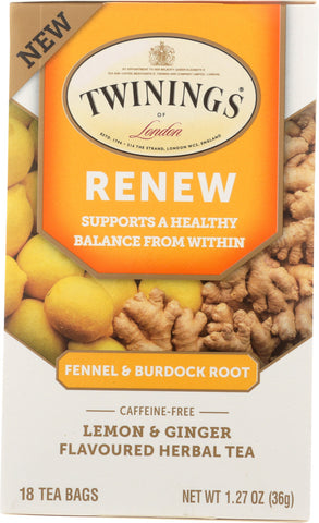 TWINING TEA: Renew Lemon & Ginger Herbal Tea, 18 bg