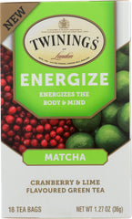 TWINING TEA: Energize Cranberry & Lime Green Tea with Matcha, 18 bg