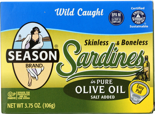 SEASON BRAND: Skinless and Boneless Imported Sardines in Pure Olive Oil, 3.75 Oz