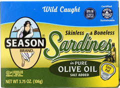 SEASON BRAND: Skinless and Boneless Imported Sardines in Pure Olive Oil, 3.75 Oz