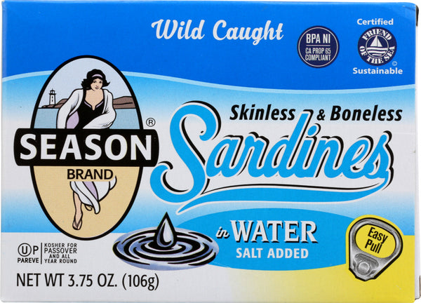 SEASONS: Sardines Skinless and Boneless in Water Salt Added, 3.75 oz