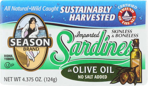 SEASONS: Sardines Skinless and Boneless in Olive Oil No Salt Added, 4.375 oz