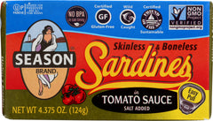 SEASONS: Sardines Skinless and Boneless in Tomato Sauce Salt Added, 4.375 oz