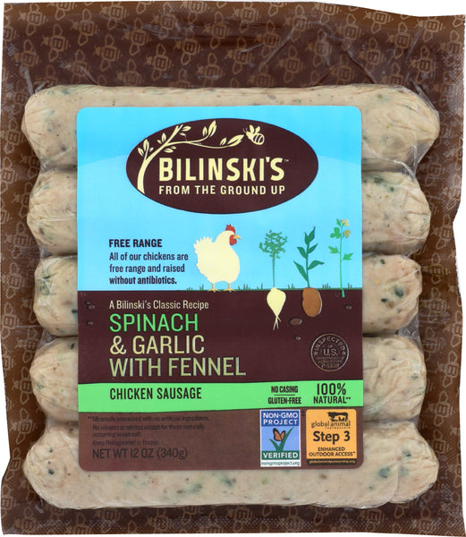 BILINSKIS: Spinach and Garlic with Fennel Chicken Sausage, 12 oz