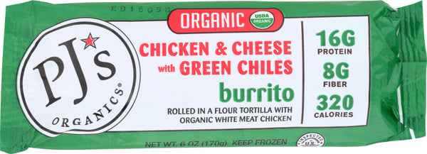 PJS ORGANICS: Chicken and Cheese with Green Chiles Burrito, 6 oz