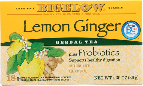 BIGELOW: Lemon Ginger Herbal Tea Probiotics 18 Bags, 1.39 oz