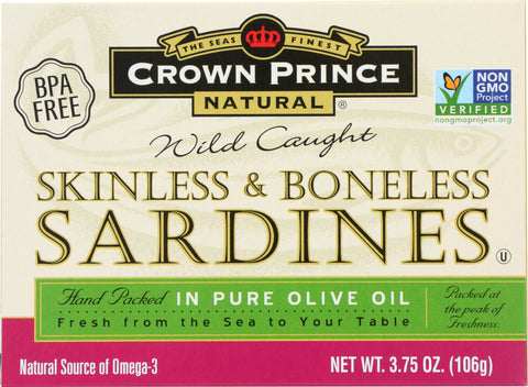 CROWN PRINCE: Skinless & Boneless Sardines in Olive Oil, 3.75 oz