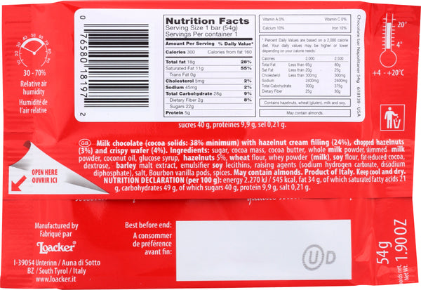 LOACKER: Chocolate Napolitaner Bar 54g, 1.90 oz