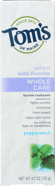 TOMS OF MAINE: Whole Care Fluoride Toothpaste Peppermint, 4.7 Oz