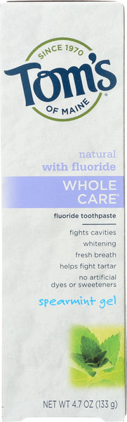 TOMS OF MAINE: Whole Care Fluoride Toothpaste Spearmint Gel, 4.7 Oz