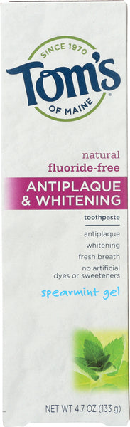 TOMS OF MAINE: Fluoride-Free Antiplaque & Whitening Toothpaste Spearmint Gel, 4.7 Oz