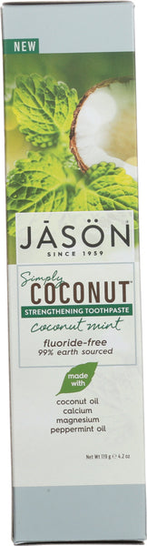 JASON: Toothpaste Simply Coconut Strengthening Mint Fluoride Free, 4.2 oz