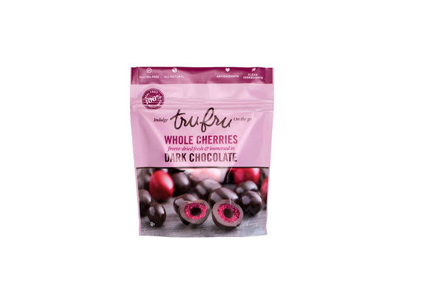 TRU FRU INDULGE ON THE GO: Whole Cherries Freeze Dried and Immersed in Dark Chocolate, 4 oz