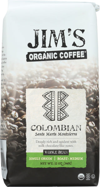 JIM'S ORGANIC COFFEE: Whole Bean Colombian, 12 oz