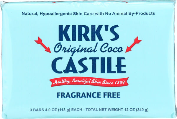 KIRKS: Original Coco Castile Bar Soap Fragrance Free 3x4oz Bars, 12 oz