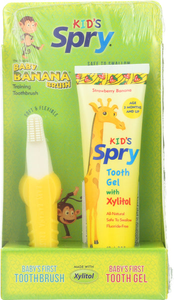 SPRY: Baby Banana Toothbrush with Kid's Tooth Gel Strawberry Banana, 1 Kit