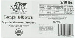 NATURAL VALUE: Pasta Elbow 2-10 LB, 20 lb