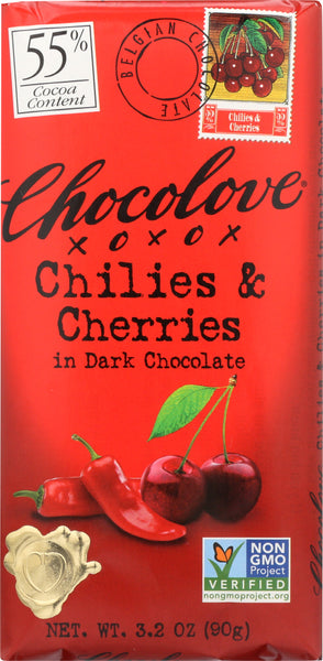 CHOCOLOVE: Chilies & Cherries in Dark Chocolate, 3.2 oz