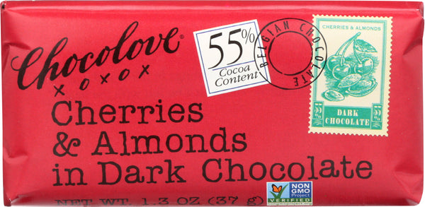 CHOCOLOVE: Mini Dark Chocolate Bar Cherries & Almonds, 1.3 oz