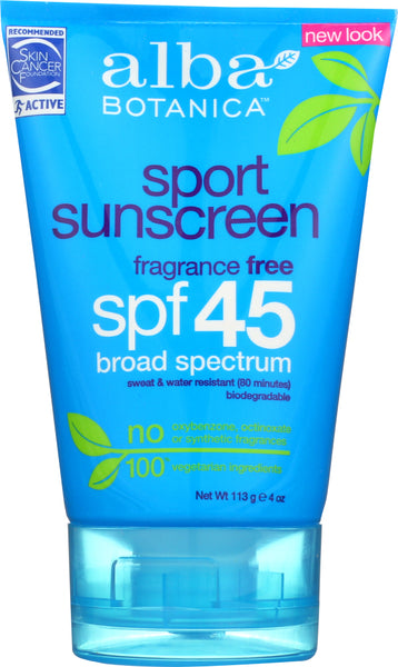 ALBA BOTANICA: Natural Very Emollient Sunscreen Sport SPF 45, 4 oz