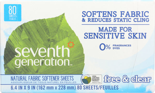 SEVENTH GENERATION: Natural Fabric Softener Sheets Free & Clear, 80 Sheets