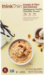 THINKTHIN: Protein and Fiber Hot Oatmeal Madagascar Vanilla with Almonds and Pecans 6 Packets, 10.6 oz