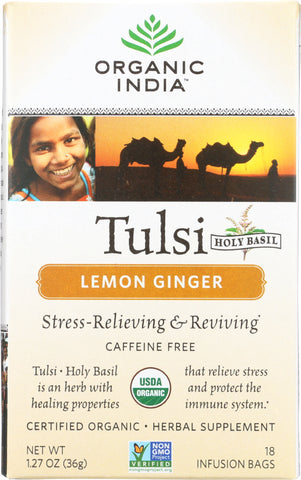 ORGANIC INDIA: Tulsi Lemon Ginger Tea, 18 Tea Bags, 1.27 oz