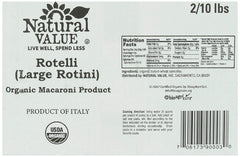 NATURAL VALUE: Organic Rotelli Large Rotini Pasta 2-10lb, 20 lb