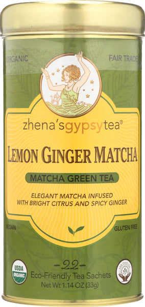 ZHENAS GYPSY TEA: Tea Green Lemon, Ginger Matcha, 22 bg, 1.14 oz