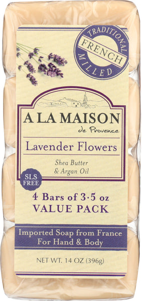 A LA MAISON DE PROVENCE: Traditional French Milled Bar Soap Value Pack Lavender Flowers 4 Bars, 14 oz