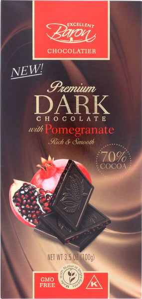 BARON CHOCOLATIER: Chocolate Bar 70% Dark with Pomegranate, 3.5 oz