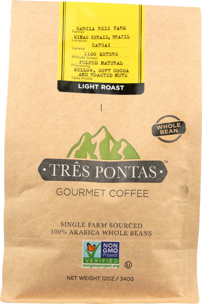 TRES PONTAS: Coffee Whole Bean Brazilian Light Roast, 12 oz