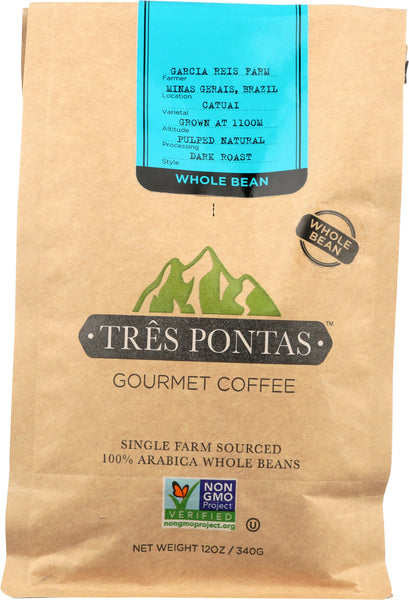 TRES PONTAS: Coffee Whole Bean Brazilian Dark  Roast, 12 oz