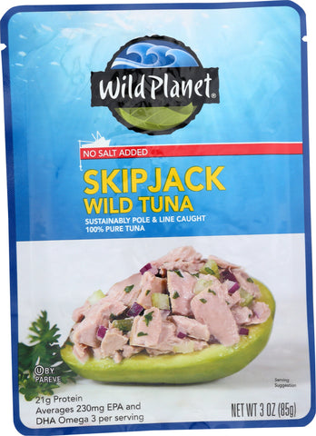 WILD PLANET: Skipjack Wild Tuna Single Serve Pouch No Salt Added, 3 oz