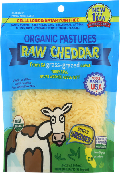 ORGANIC PASTURES: Raw Cheddar Cheese Grass-Grazed Shredded, 8 oz